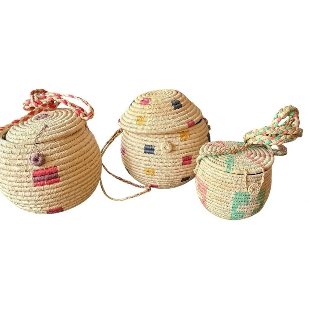 Baskets Round Pair Woven Lid Long Straps & added 3 more! (5 total)